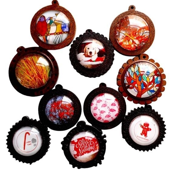 Lots of Wooden Glass Necklace Pendant w/ Various Prints for Jewelry DIY Projects - Picture 1 of 7